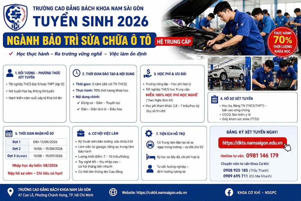Học Trung Cấp Sửa Chữa Ô Tô - Miễn 100% Học Phí, Ra Trường Làm Ngay!
